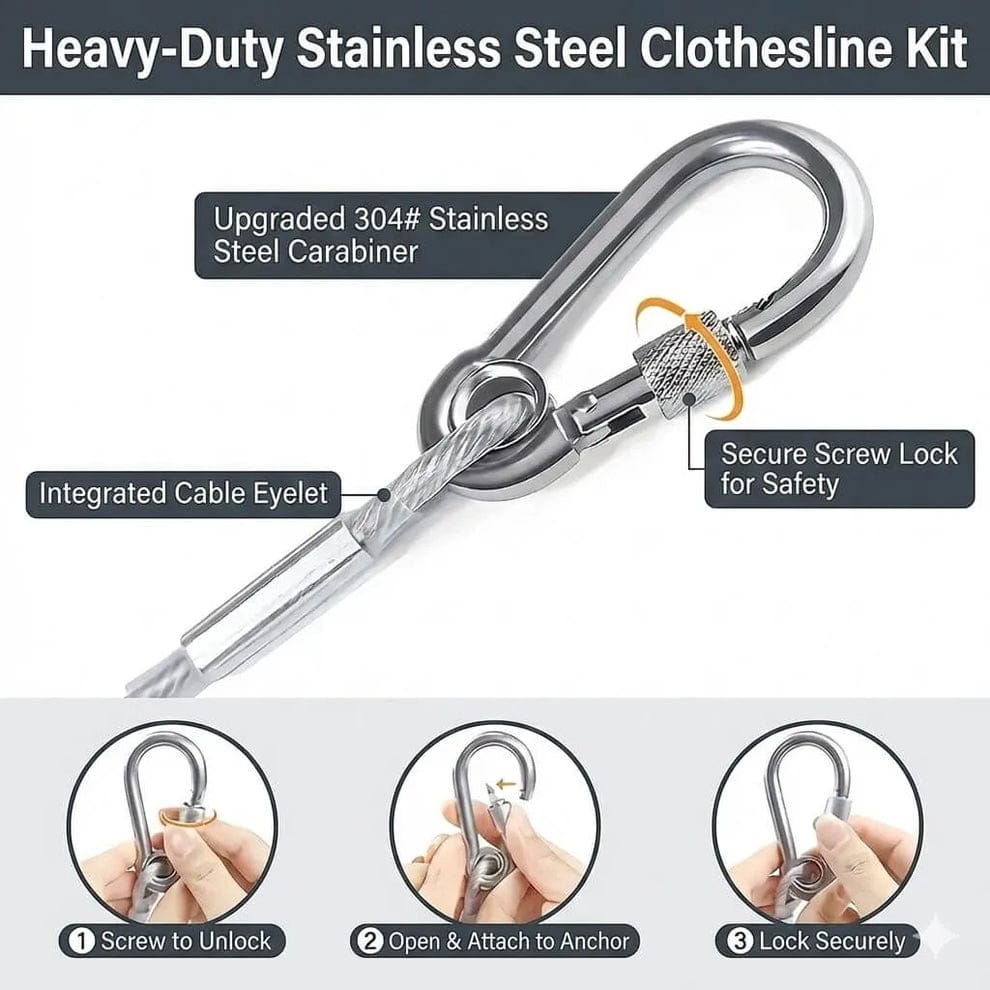 PVC Coated Stainless Steel Clothesline – 2M Heavy-Duty Rustproof Clothes Line with Carabiner Hooks