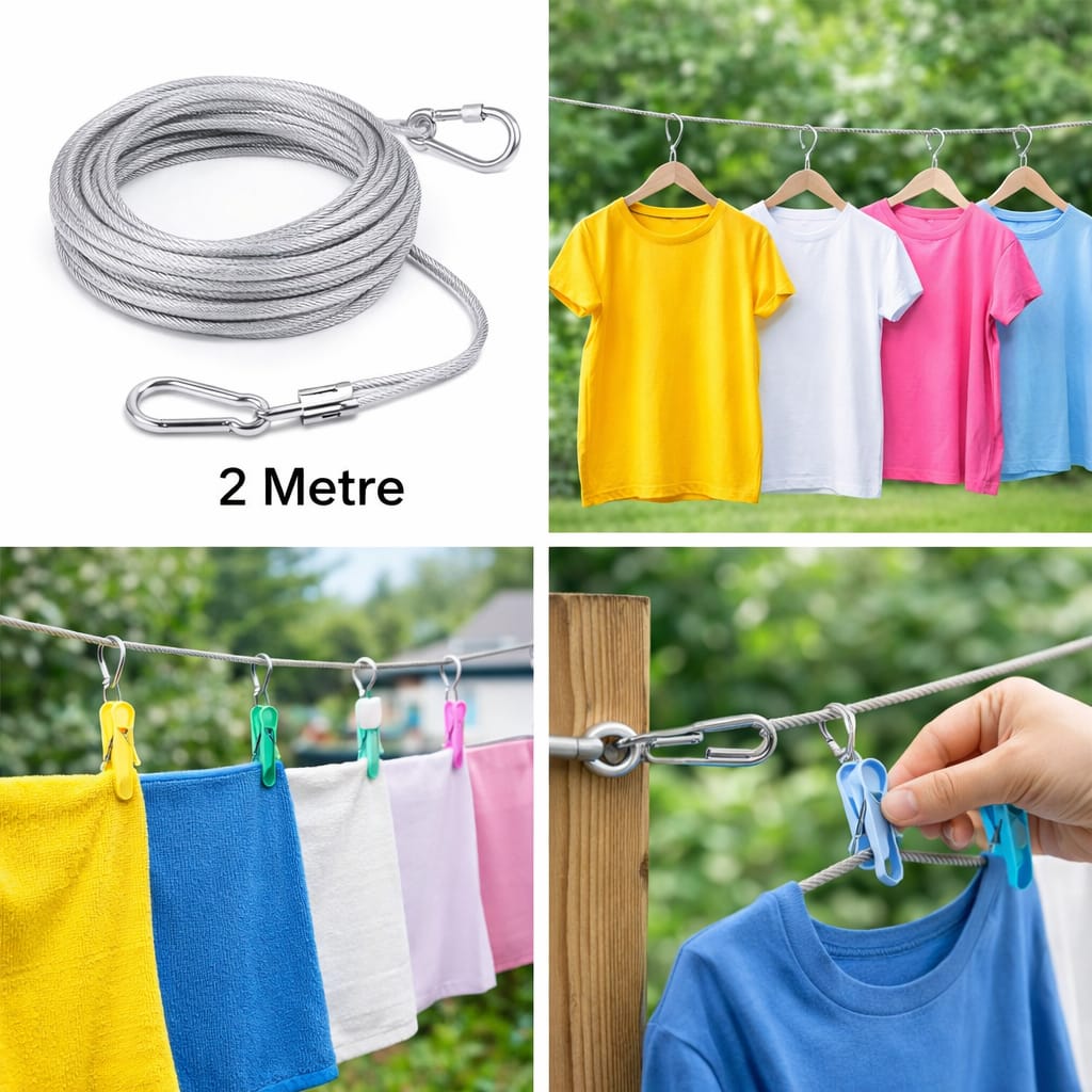 PVC Coated Stainless Steel Clothesline – 2M Heavy-Duty Rustproof Clothes Line with Carabiner Hooks