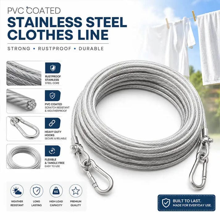 PVC Coated Stainless Steel Clothesline – 2M Heavy-Duty Rustproof Clothes Line with Carabiner Hooks
